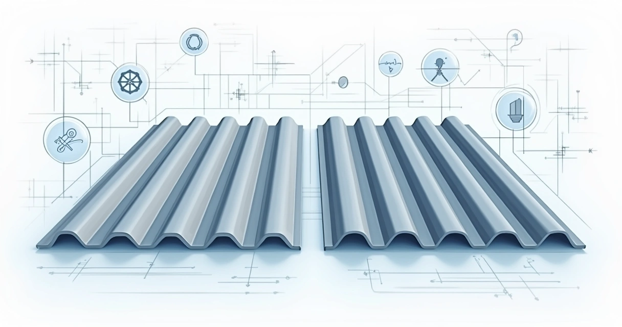 Ilustração corporativa de diferentes tipos de telhas metálicas, ondulada e trapezoidal, destacadas com fundo azul claro e elementos técnicos de construção ao fundo.