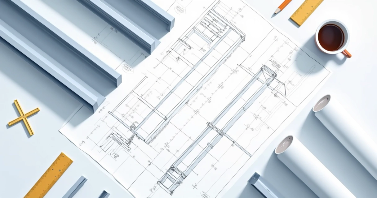 Ilustração corporativa flat de projeto de construção com estrutura metálica mostrando plantas técnicas e vigas metálicas