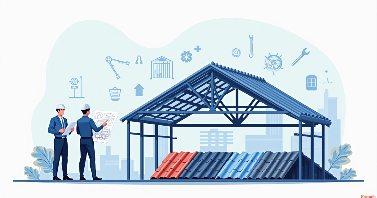 Ilustração corporativa de estrutura metálica detalhada para telhados com diferentes tipos de telhas e engenheiros analisando o projeto