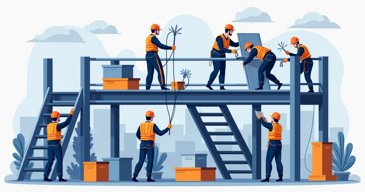 Ilustração corporativa plana de trabalhadores montando mezanino metálico em ambiente industrial com equipamentos e ferramentas ao redor