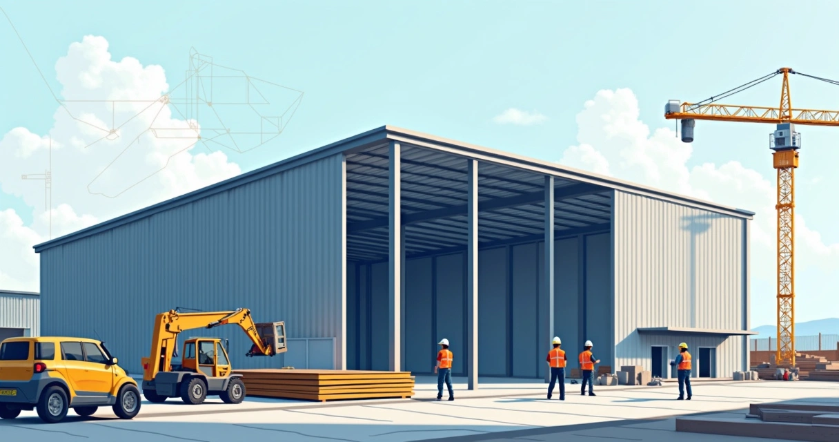 Ilustração corporativa plana de um galpão de estrutura metálica em construção com trabalhadores montando vigas e equipamentos de construção ao redor