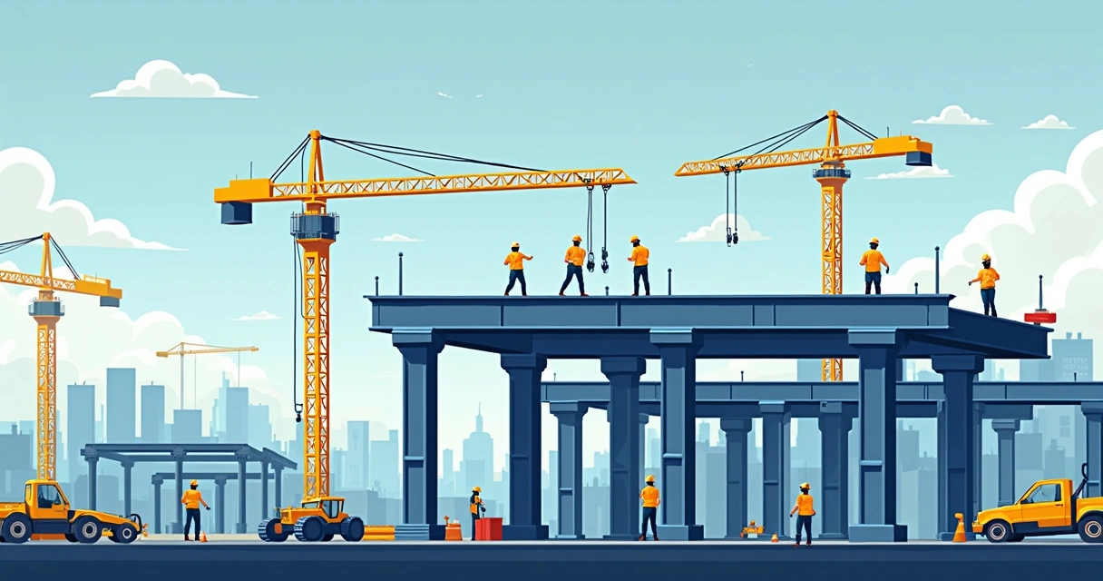 Ilustração corporativa de montagem de estrutura metálica industrial com trabalhadores e guindastes