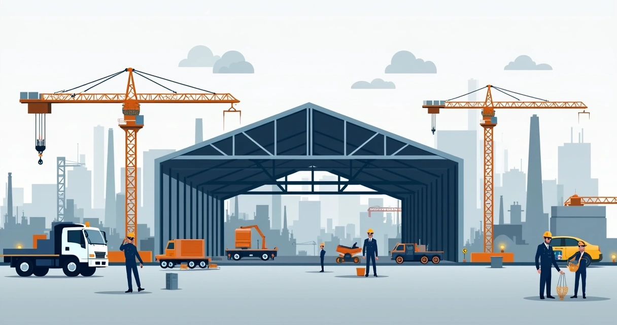 Estrutura metálica industrial com galpão e máquinas ilustrados em estilo corporativo plano