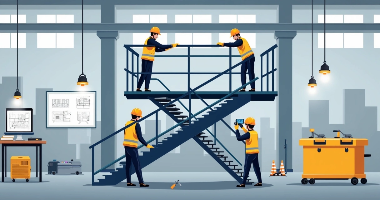 Ilustração corporativa de montagem de escadas metálicas com trabalhadores e materiais de aço