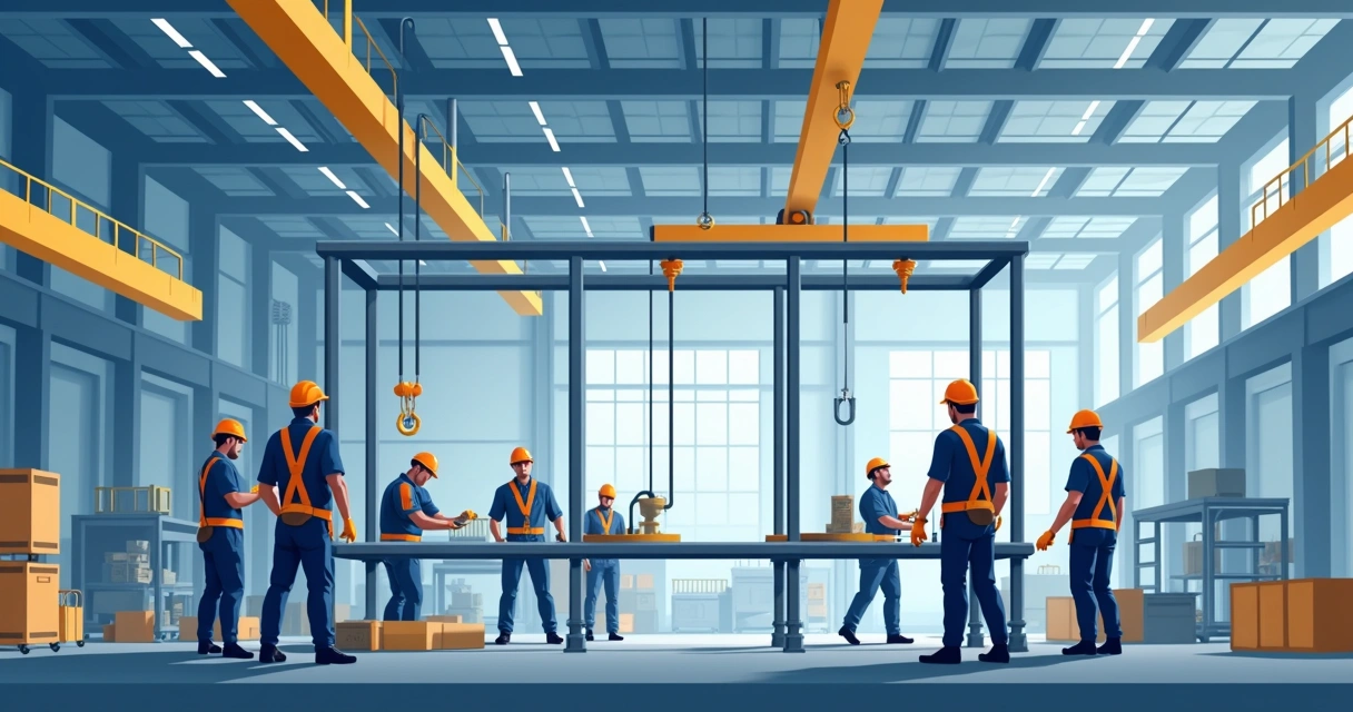 Equipe de montagem industrial operando estruturas metálicas com equipamentos de segurança em galpão industrial