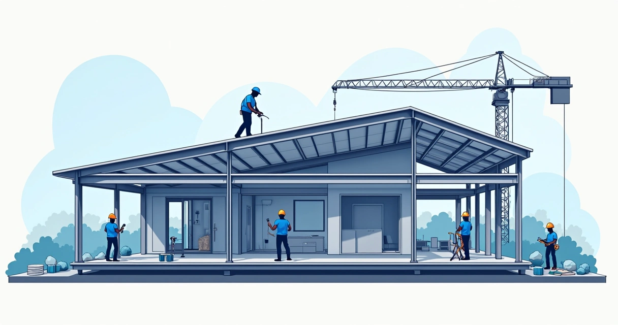 Ilustração corporativa plana de construção residencial com estrutura metálica exposta, pilares e vigas em aço, montagem rápida e design flexível