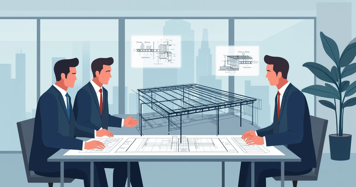 Ilustração corporativa plana de engenheiros analisando planta estrutural de galpão metálico com medidas e cálculos técnicos