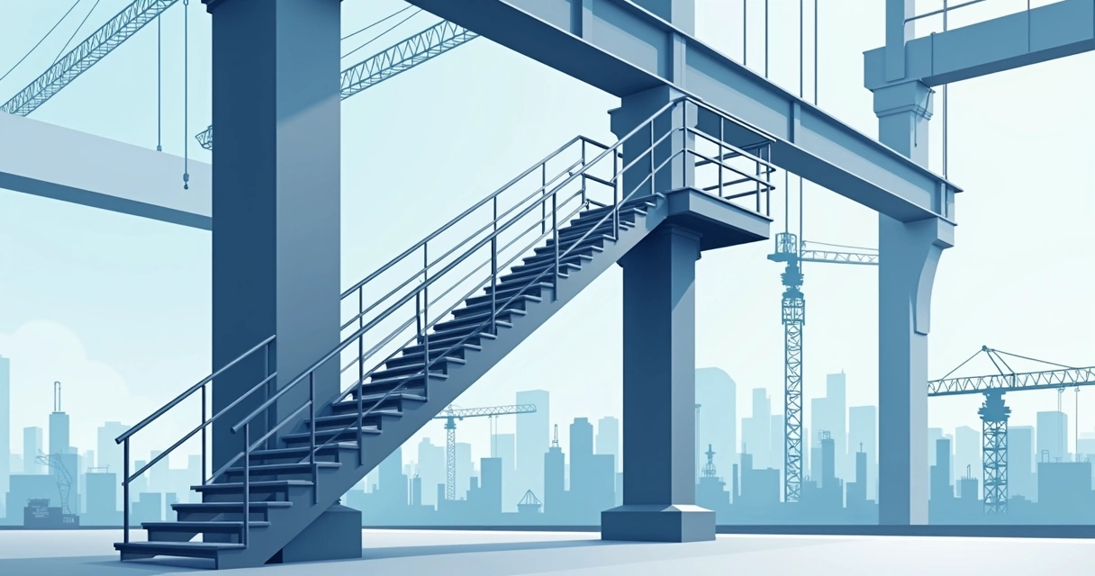 Escada metálica personalizada em estrutura industrial, vista frontal e lateral