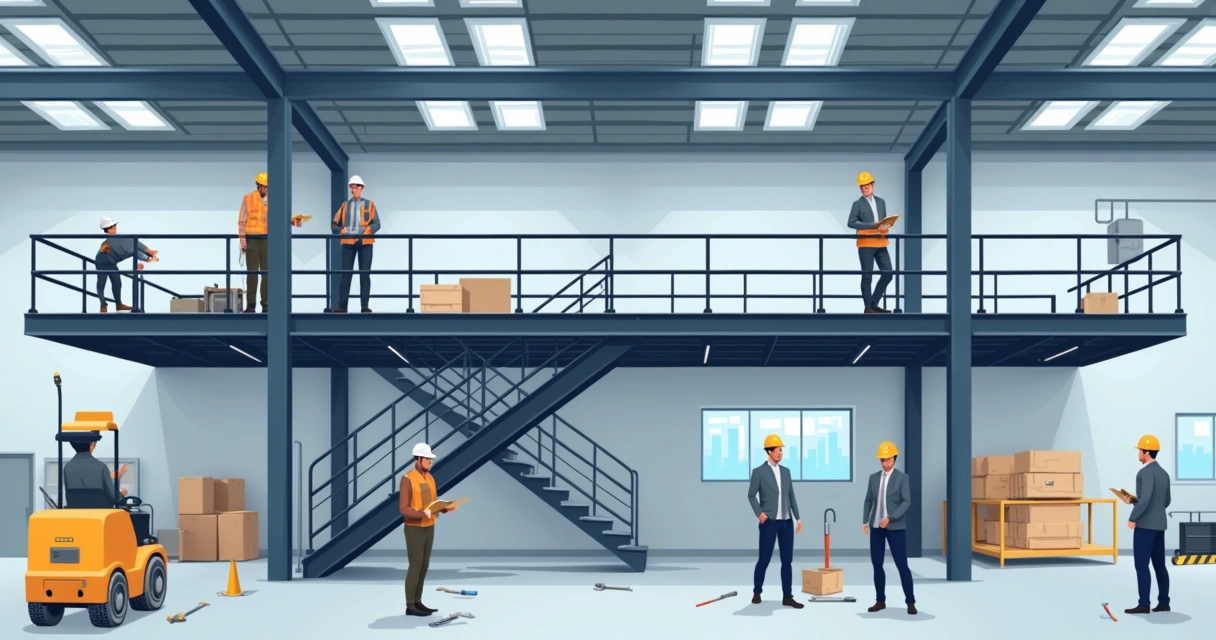 Ilustração corporativa de mezanino metálico instalado em ambiente industrial com pessoas e equipamentos