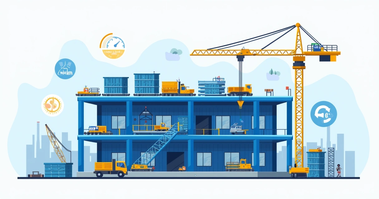 Ilustração corporativa de estrutura metálica em construção com vigas de aço e guindaste em fundo azul