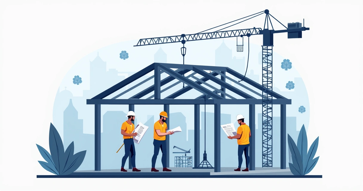 Ilustração corporativa mostrando equipe especializada montando estrutura metálica residencial com pilares e telhado de aço em construção moderna
