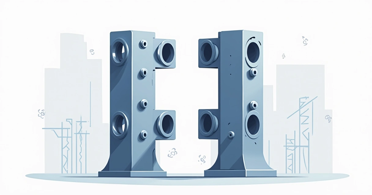 Ilustração corporativa mostrando duas estruturas metálicas lado a lado, uma soldada e outra parafusada, com detalhes distintos de junções e parafusos visíveis