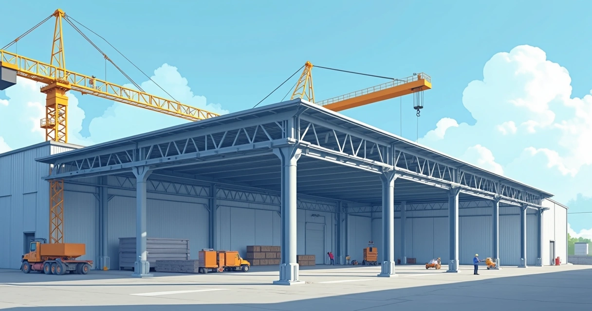 Ilustração corporativa mostrando estrutura metálica detalhada para telhado em obra