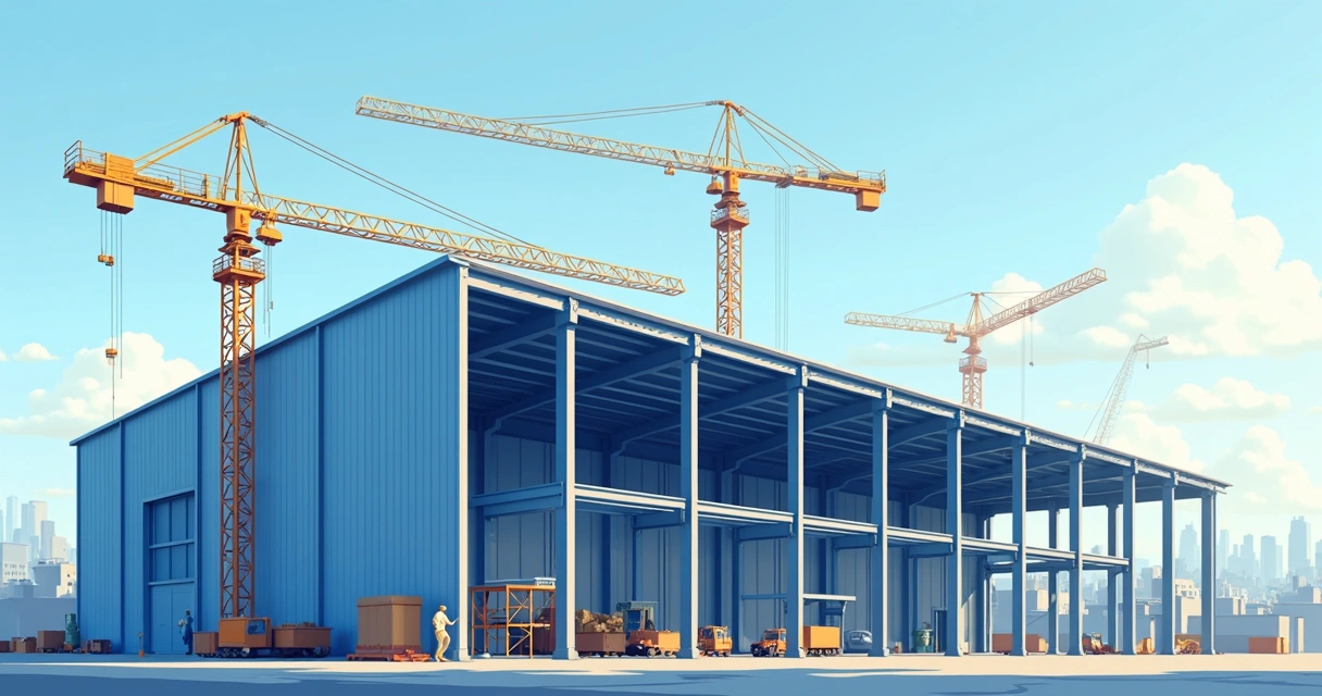 Montagem de galpão em estrutura metálica com guindaste e operários em ambiente industrial