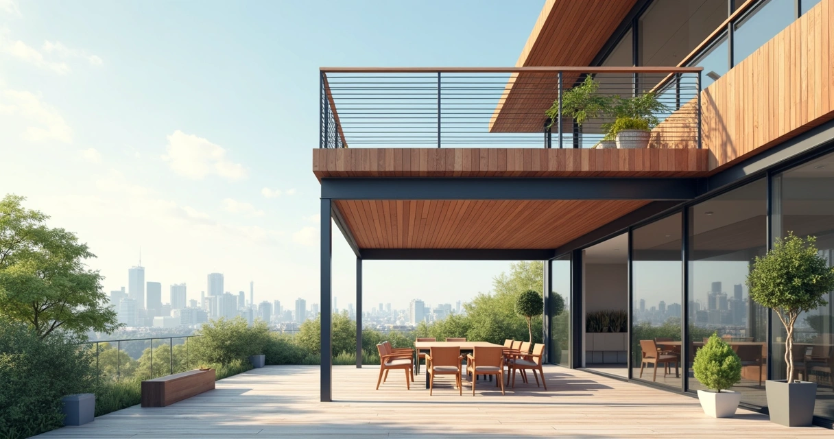 Ilustração corporativa em estilo flat de mezanino de madeira externo com estrutura metálica em área aberta, combinando elementos clássicos e modernos, ambiente externo com plantas e mobiliário minimal