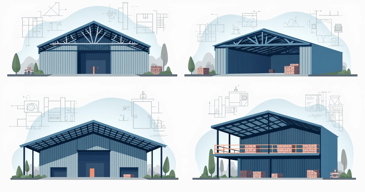 Ilustração corporativa de quatro modelos de galpões com estruturas metálicas, incluindo galpão piramidal, galpão em arco, galpão shed e galpão de dois pisos, com destaque para detalhes estruturais e m