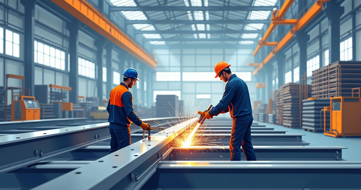 Ilustração corporativa de montagem de estrutura metálica industrial com trabalhadores e equipamentos