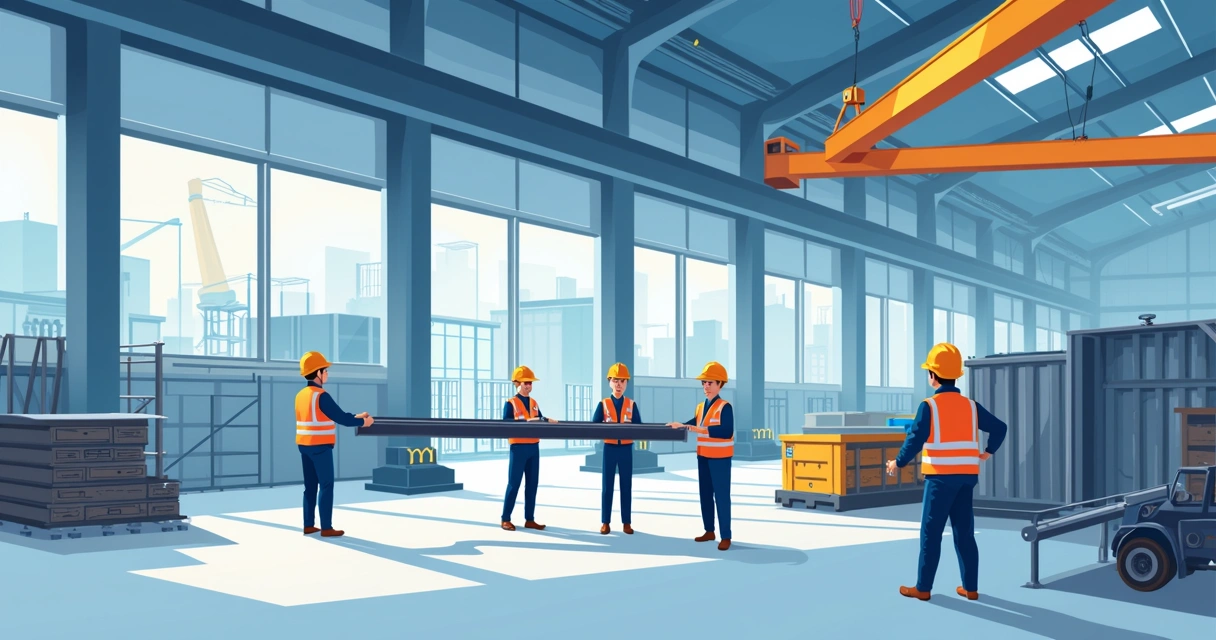 Ilustração corporativa de montagem industrial com estruturas metálicas e trabalhadores instalando equipamentos em galpão