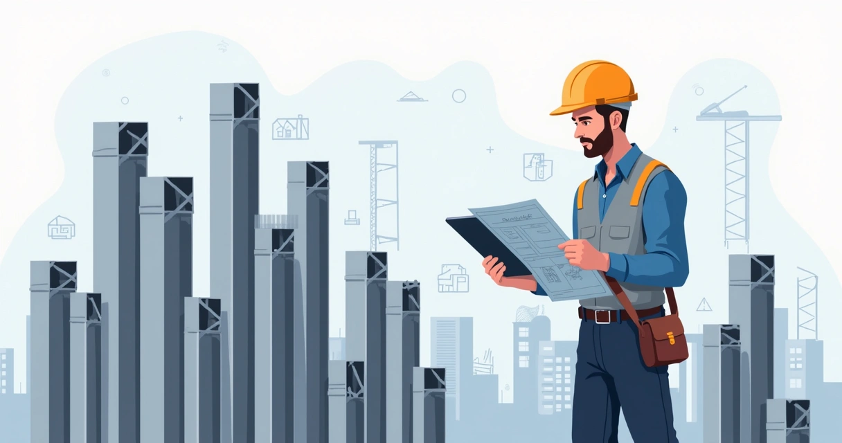 Ilustração corporativa de perfis metálicos industriais variados organizados, com engenheiro analisando projetos em tela digital