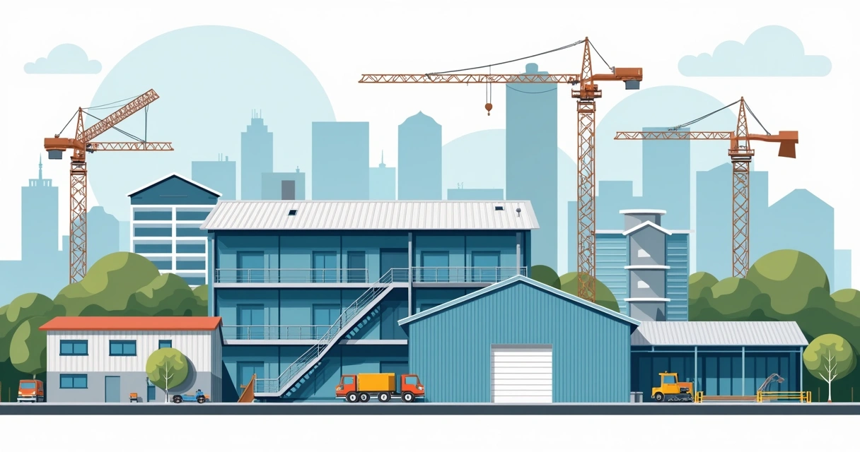 Ilustração corporativa de diferentes tipos de coberturas metálicas com materiais variados, mostrando mezaninos, escadas e telhados em contexto industrial e residencial