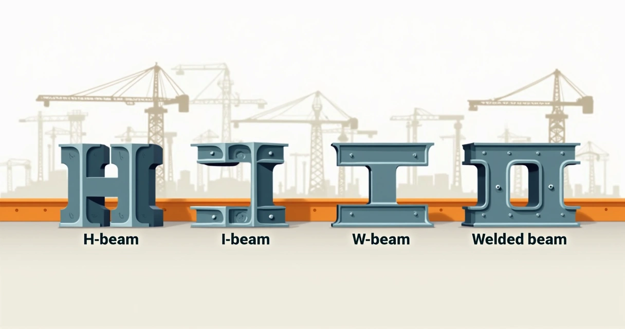 Ilustração corporativa mostrando diferentes tipos de vigas metálicas alinhadas horizontalmente, com destaque para viga em H, I, W e viga soldada em cores distintas em fundo claro